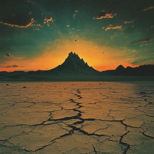 A baron desert during sunrise hundreds of miles with a mountain...