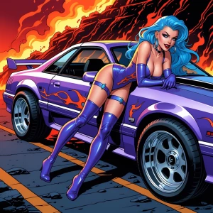 Create a digital comic book-style illustration in high contrast with a striking blue-haired demoness leaning provocatively out of a 1992 Ford Mustang window. The Mustang should be portrayed as a modified hot rod, featuring a prominent supercharger through its hood scoop, oversized tires, and a glossy purple metallic paint embellished with white flaming pinstripes. The demoness exudes a sensual aura with piercing eyes, full lips, and a playful smirk, dressed in a body-hugging, flame-themed bodysuit, thigh-high boots, and fingerless gloves. The background depicts a hellish landscape, with a road flanked by volcanic rocks and intense flames, casting a sinister light over the scene. The composition should be framed as a medium close-up, low-angle side shot, capturing the allure of