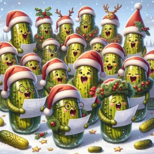 A chorus of animated pickle jars singing Christmas carols, each...
