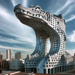 Mimetic alligator shaped building with windows