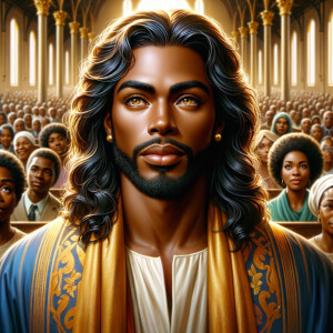Illustrate an inspiring African-American Jesus crust with a dign...