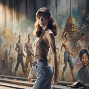 Athletic Thin skinny Attractive, Asian teenage girl, long brown hair and bangs, wearing tight skinny jeans and a halter top paint marks on her clothing, heroic pose Asian graffiti background,  backside view