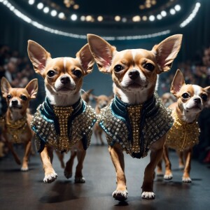 Create an 8K Ultra HD 3D animation showcasing humanoid Chihuahua...