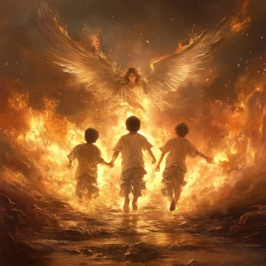 Create image of three Hebrew boys and an angel surrounded by flames but are unharmed