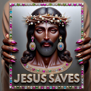 A 3D realistic artwork featuring the phrase 'Jesus Saves' adorne...