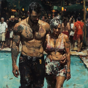 Dark fantasy, painting,1:1.a muscular tattoed pierced man walkin...