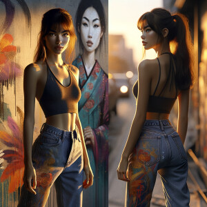 Athletic Thin skinny Attractive, Asian teenage girl, long brown hair and bangs, wearing tight skinny jeans and a halter top paint marks on her clothing, heroic pose Asian graffiti background,  backside view