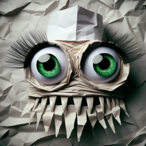 Creature with big round green eyes wearing a paper mask that has...