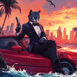 A humanoid cat character with sleek, silver fur, dressed in a st...