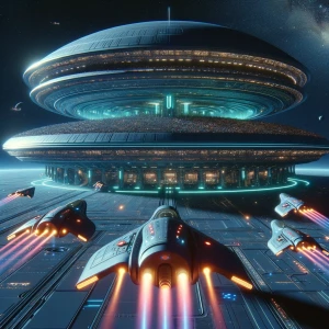 A science fiction amphitheater in space with low-rider spaceship...