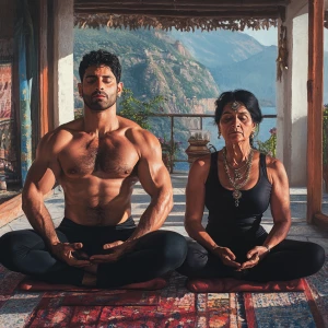 Photorealism,realism,A man muscular beefy sweaty doinga yoga sit...