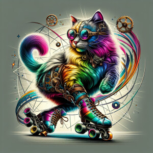 Create a cat with a steampunk theme, adorned in rainbow colors,...