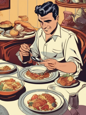 A skinny clumsy man wearing a regular shirt, pants, massive glov...