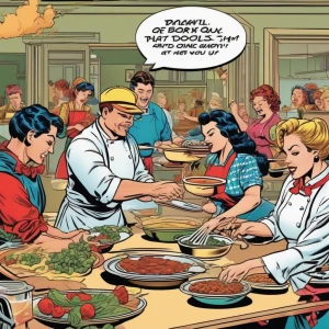 A cooking class gone wrong with everybody throwing food, bowls,...