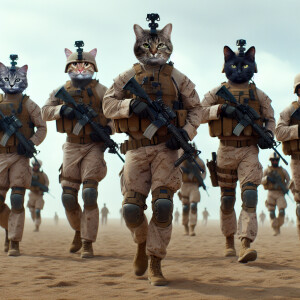 Create a realistic image of gang of cats as human US Marines str...