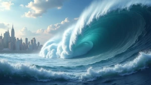A massive tsunami wave crashes over a coastal city, digital art