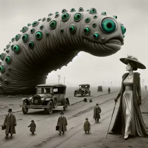 Create a monochromatic,post apocalyptic early 20th-century scien...