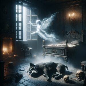 Old room filled with darkness, old skinny black bulldog lies on...