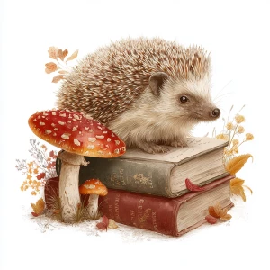 Rich autumn colors hedgehog with mushroom, vintage book style, i...