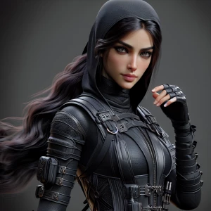 Create a 3D character of a beautiful lady assassin, with sleek,...