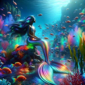 A shimmering mermaid sitting on a rock made of glowing coral, surrounded by schools of brightly colored fish