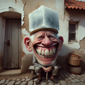 Prompt: A humorous scene featuring an old man with a wide smile,...