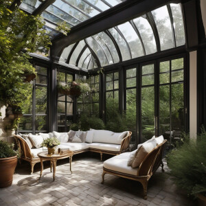 Outdoor seating area with glass roof and sofa