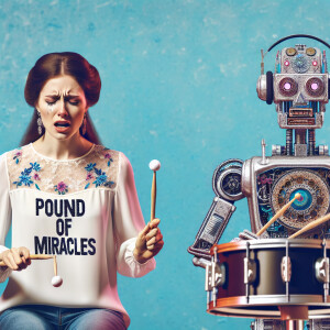 Weird robot playing drums to a beautiful 29-year-old brunette wo...