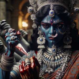 photograph of angry looking, gorgeous goddess kali, blue skinned carrying a weak mahishasur in her two arms and poking him with her amazingly long red fingernails. She is wearing a huge silver crown, red saree, abundant silver jewelry, covered in blood. The scene is set in ancient India. The image is 8K resolution, cinematic, ultra detailed face and epic.