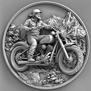 Harley Davidson and rider, grayscale 3d bas relief, round border