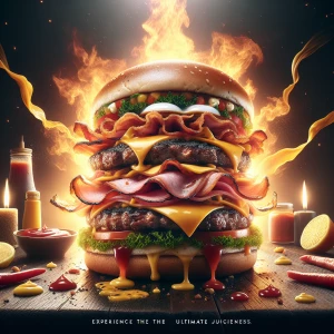 A vibrant ad featuring a towering, double-stacked burger with layers of cheese, lettuce, tomato, and sizzling bacon. The burger is front and center, surrounded by dynamic splashes of mustard and ketchup, with the tagline, ‘Experience the Ultimate Juiciness,’ written in bold, glowing letters at the top.