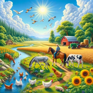 Sunny clean sky with clouds. small river, forest, fields of gold...
