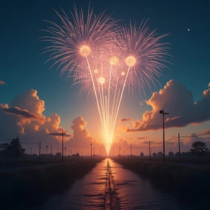 "Under a sky ablaze with fireworks, the clock strikes midnight a...