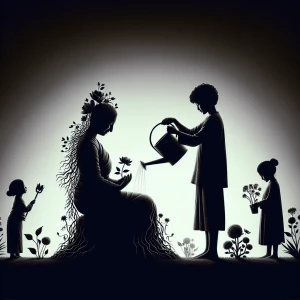 Create an image depicting the silhouette of a curvy woman seated...