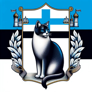 Create a coat of arms featuring a well-fed cat sitting prominent...