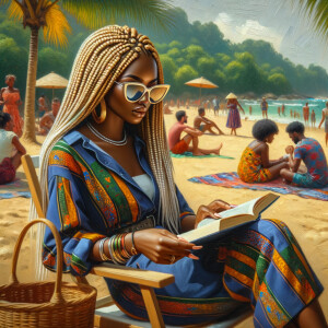 Oil painting glossy: Tropical landscape,  She’s relaxing on the...