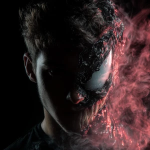 Make a portrait of the person, leaving half of the face intact,...