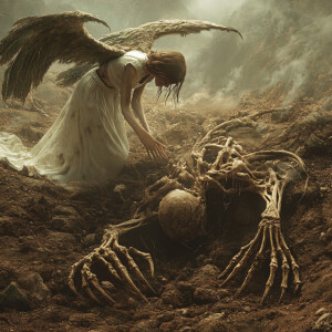 a powerful scene where a demon is lying just beneath the dirt, w...