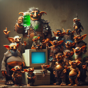 , a group of goblins huddle around a beat-up desktop computer, c...