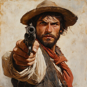 A threatening looking French man with a gun