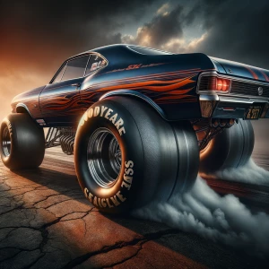 A 76 Chevy Nova SS funny car, dramatically angled with its rear...