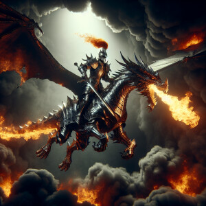 fiery knight flies on a dragon in armor, dark smoke in the backg...