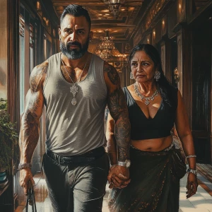 HD,Photorealism,A sweaty tattoed muscular  man walking with his...