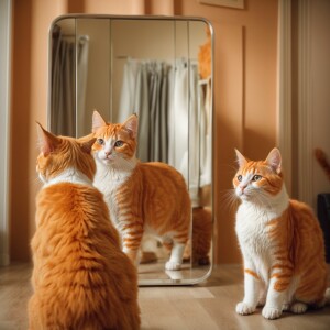 An excessively large and plump, orange and white cat with big ex...