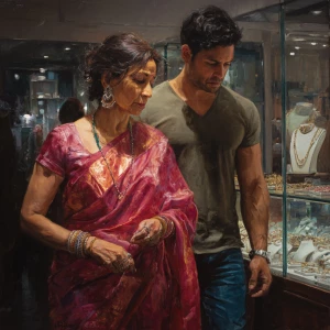 Hyperrealism,painting.a  mature gujarati mother in law in her 40...
