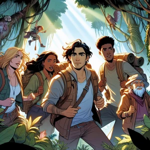 An adventurous group of friends trekking through a dense forest,...