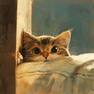 A cartoon of a cat peering over you while you are sleeping