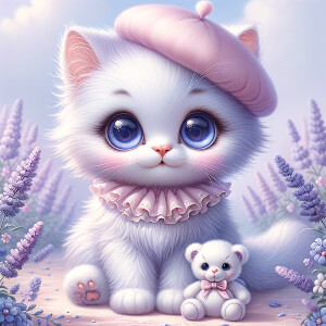 Imagine an adorable, fluffy kitten with an exaggerated, cartoon-...