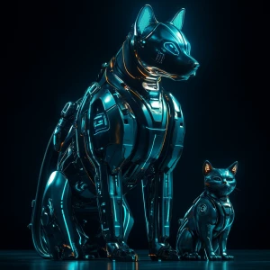 Create an image of a futuristic cybernetic dog and a robotic cat...