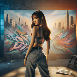 Athletic Thin skinny Attractive, Asian teenage girl, long brown hair and bangs, wearing tight skinny jeans and a halter top paint marks on her clothing, heroic pose Asian graffiti background, backside view